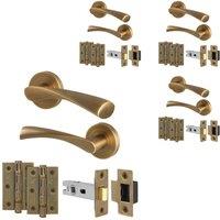 AFIT Antique Brass Door Handle Rose, Latch & Hinges Kit, 4 Pairs in Bronze | Size: 150mm x 150mm