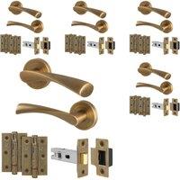 AFIT Antique Brass Door Handle Rose, Latch & Hinges Kit, 5 Pairs in Bronze | Size: 150mm x 150mm