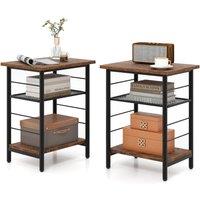 Costway 2PCS Industrial End Table Height Adjustable 3-Tier Side Table in Brown