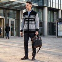 MyShoeStore Men's Classic Argyle Knit Zip-Up Cardigan - V-Neck Long Sleeve Warm Winter Jumper in Black | Size: 2XL