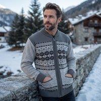 MyShoeStore Men's Classic Argyle Knit Zip-Up Cardigan - V-Neck Long Sleeve Warm Winter Jumper in Grey | Size: Medium