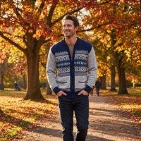MyShoeStore Men's Classic Argyle Knit Zip-Up Cardigan - V-Neck Long Sleeve Warm Winter Jumper in Navy | Size: XL