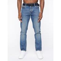 Crosshatch Princed Men's Classic 5-Pocket Cotton Stretch Jeans with Branded Belt in Mid Blue | Size: 34R