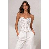STYLEWISE Women's Lace Eyelet Sweetheart Neckline Bustier Corset Top in White | Size: 10