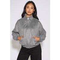 Gini London Women's Grey Faux Suede Funnel Neck Bomber Jacket | Size: 16