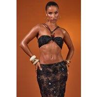 EGO Women's Strappy Straight Neck Bead Detail Floral Textured Bralet in Black | Size: 10