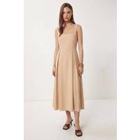 Happiness Istanbul Women's Square Collar A-Form Midi Dress with Zipper Closure in Beige | Size: Small