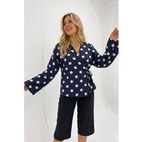 Big Dart Women's Polka Dot Wrap Blouse With Tie Detail in Navy | Size: Small