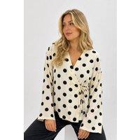 Big Dart Women's Polka Dot Wrap Blouse With Tie Detail in Off-White | Size: Small