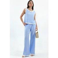 MSN Collection Women's Color Block Linen Tunic & Wide-Leg Trousers Set in Baby Blue | Size: Medium