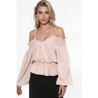 MSN Collection Women's Crop Satin Blouse With Flounce Trim in Dusty Pink | Size: Large