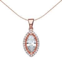 Jewelco London Women's Rose Silver Marquise CZ Halo Charm Necklace in Rose Gold