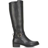 XY London Women's 'Cameron' Knee High Boots Flat Low Heel Stretch Calf Buckle Detail in Black | Size: 4