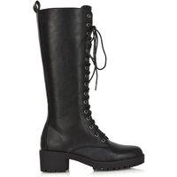 XY London Women's 'Aspen' Lace Up Block High Heel Knee High Biker Boots in Black | Size: 4