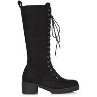 XY London Women's 'Aspen' Lace Up Block High Heel Knee High Biker Boots in Jet Black | Size: 4