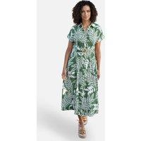 Yumi Women's Green Leaf Print Viscose Relaxed Midi Shirt Dress in Dark Green | Size: 14