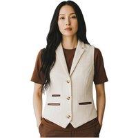 Infinity Leather Women's Herringbone Wool Tweed Check Tailored Waistcoat - WS-1 in Cream | Size: 14