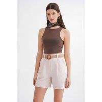 MixRay Women's High-Waisted Shorts with Belt Detail in Medium Beige | Size: Small