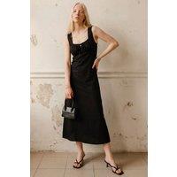 MyFashion Women's Midi Linen Dress with Tie Detail in Black | Size: Large