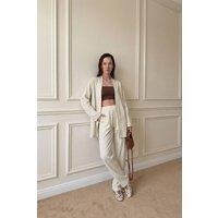 MyFashion Women's Striped Two-Piece Co-Ord Set with Open Collar in Beige | Size: Large