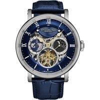 STHRLING Original Men's Dual Time Automatic Watch, 47mm Case, Skeleton Dial, Leather Strap, Sun/Moon AM/PM Indicator 5 ATM Water Resistant in Blue
