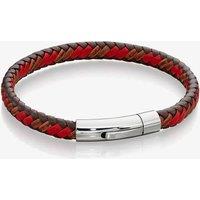 Fred Bennett Men's Red & Brown Leather Stainless Steel Braided Bracelet B5278 | Size: 21.5 cm