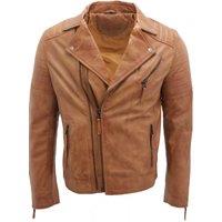 Infinity Leather Men's Slim Fit Brando Style Cross Zip Leather Biker Jacket in Tan | Size: 4XL