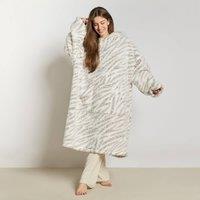 OHS Zebra Print Teddy Marl Hoodie Blanket Extra Long Wearable Throw in Taupe