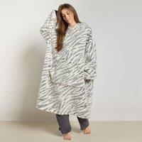 OHS Zebra Print Teddy Marl Hoodie Blanket Extra Long Wearable Throw in Black