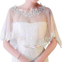 PEACH ACCESSORIES Women's White Lace Bridal Capelet Sheer Tulle Shawl with Floral Applique
