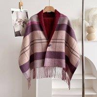 PEACH ACCESSORIES Women's Light Plaid Fringe Poncho Cape Wrap in Wine
