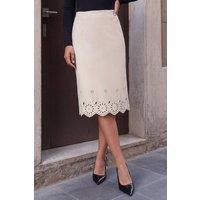 Roman Women's Faux Suede Laser Cut Pencil Skirt in Cream | Size: 10