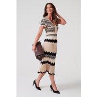 Klass. Women's Metallic Chevron Knitted Midi Dress in Light Beige | Size: Small