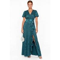Maya Deluxe Women's Floral Jacquard Faxu Wrap Waterfall Ruffle Satin Maxi Dress in Teal | Size: 10
