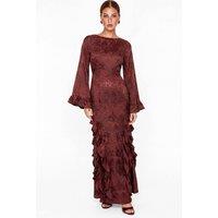 Maya Deluxe Women's Floral Jacquard Waterfall Ruffle Satin Maxi Dress in Dark Red | Size: 14
