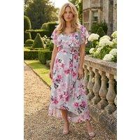 Roman Women's Floral Frill Belted Wrap Dress in Grey | Size: 10