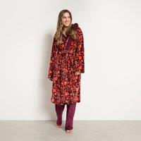 OHS Autumn Print Flannel Fleece Hooded Dressing Gown Bathrobe in Burgundy