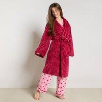OHS Ribbed Fleece Dressing Gown Hooded Loungewear Bathrobe in Wine