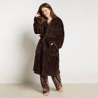 OHS Ribbed Fleece Dressing Gown Hooded Loungewear Bathrobe in Chocolate