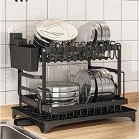 EONLION 2 Tier Dish Drainer Rack Cutlery Holder Plate Rack in Black | Size: 100 cm