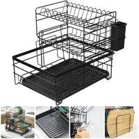 PAWNORA 3 Tier Kitchen Dish Drainer Rack Sink Drip Tray Cutlery Plate Holder in Black