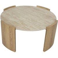 CALICOSY Round Coffee Table With Travertine-Effect Top & Wood-Effect Legs, 8 in Light Brown