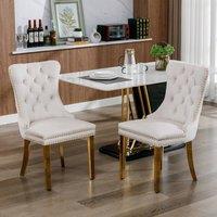 HomeTouch Set of 2 Velvet Dining Chairs with Gold Steel Legs in Beige | Size: 2 Pack
