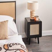 Wyld and Coco Bedside Table Black Painted Wood Poplar Details PE Viennese Rattan