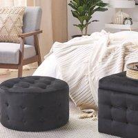 Wyld and Coco Black Velvet Round Footstool with Button Tufting