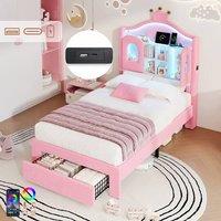 BTM 3FT Velvet Bed Wavy Headboard Drawer USB Pink | Size: Single