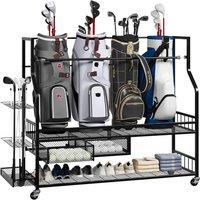 London Boutique Rolling Golf Storage Rack Golf Bag Stand All-in-1 Golf Club Organizer in Black | Size: 146 cm