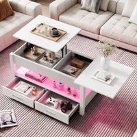 EONLION LED Lift Top Coffee Table With Drawers in White | Size: 100 cm