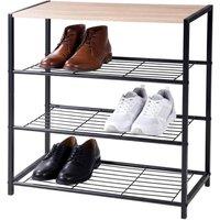 KORVIXA 3 Tier Metal Shoe Rack with Wooden Seat in Black | Size: 100 cm x 100 cm