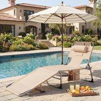 Kelvenix Folding Beach Chair with Face Arm Holes & Storage Pocket in Beige
